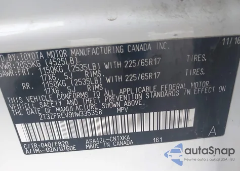 2017 Toyota Rav4 Le из США, поврежденный, VIN 2T3ZFREV9HW335358